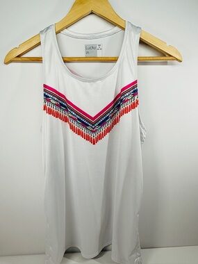 Lucky in Love 🎾 White Tank with Ruched Side | Pink & Red Faux Chevron Embroidery